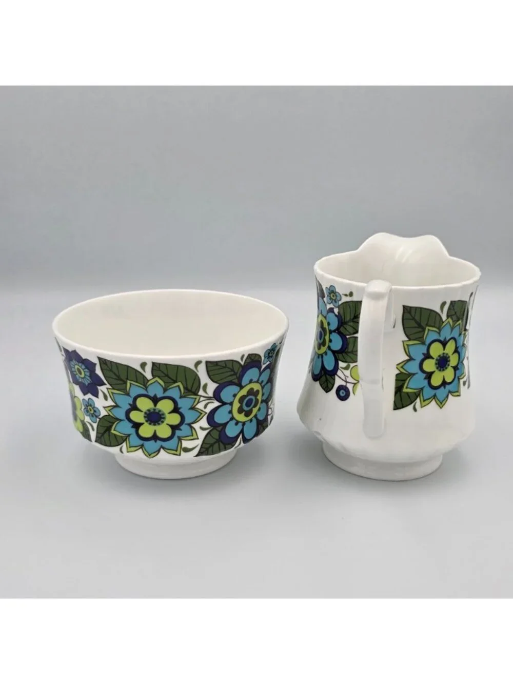 Mayfair Fine Bone China Creamer Sugar Bowl Set Groovy Floral Pattern Blue Green